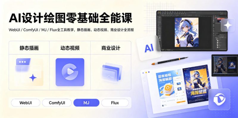 AI设计绘图零基础全能课｜WebUI/ComfyUI/MJ/Flux全工具教学，静态插画、动态视频、商业设计全流程|云雀资源分享