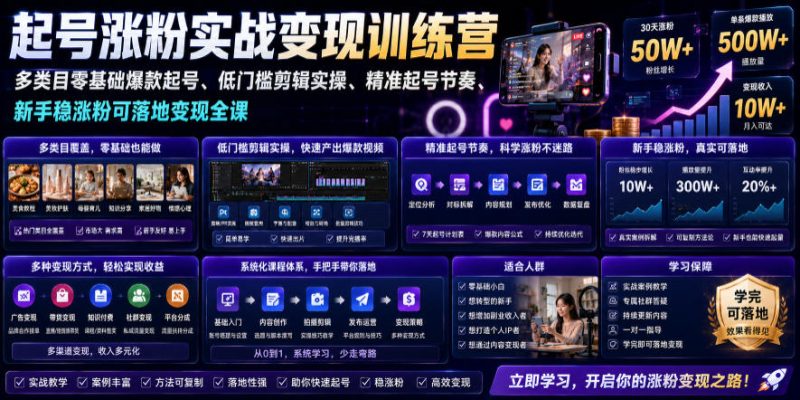 苗子起号涨粉实战变现训练营，多类目零基础爆款起号、精准起号节奏、新手稳涨粉可落地变现全课|云雀资源分享