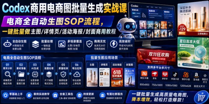 Codex商用电商图批量生成实战课｜电商全自动生图SOP流程，一键批量做主图/详情页/活动海报/封面商用教程|云雀资源分享