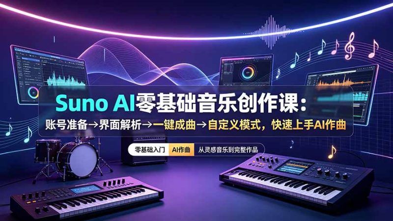 Suno AI零基础音乐创作课:账号准备→界面解析→一键成曲→自定义模式,快速上手AI作曲|云雀资源分享