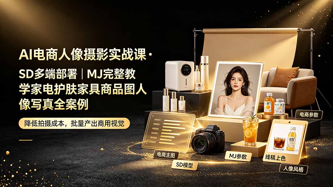 AI电商人像摄影实战课·SD多端部署|MJ完整教学|家电护肤家具商品图人像写真全案例|云雀资源分享