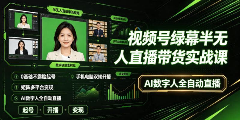 视频号绿幕半无人直播带货实战课|0基础不露脸起号、手机电脑双端开播、矩阵多平台变现、AI数字人全自动直播|云雀资源分享