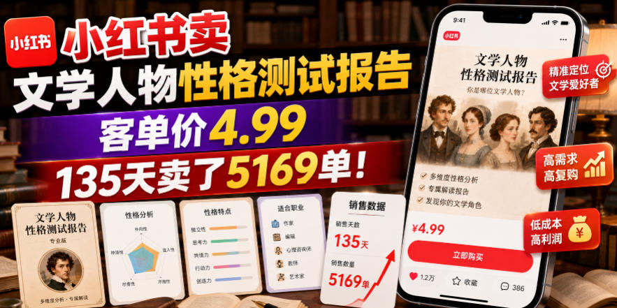 小红书卖文学人物性格测试报告，客单价4.99，135天卖了5169单！|云雀资源分享