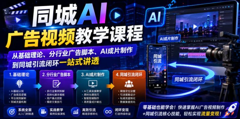 同城AI广告视频教学课程，从基础理论、分行业广告脚本、AI成片制作到同城引流闭环一站式讲透|云雀资源分享