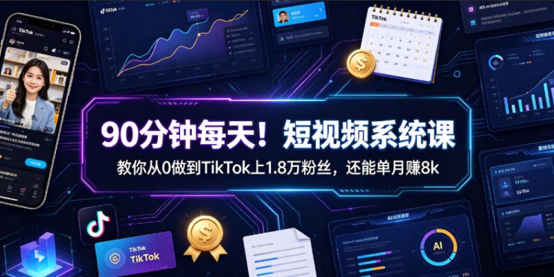 90分钟每天！短视频系统课教你从0做到TikTok上1.8万粉丝，还能单月賺8k【原创双语字幕】|云雀资源分享