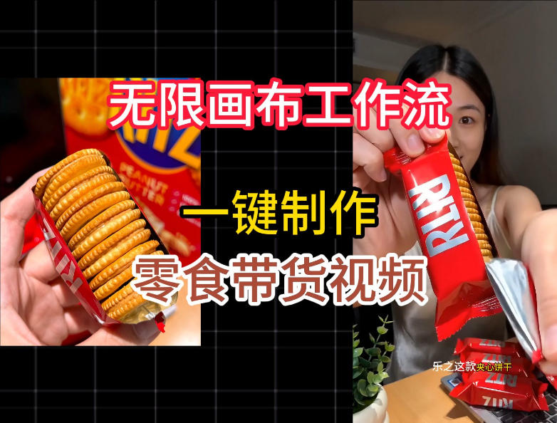 无限画布工作流一键制作零食带货视频，操作简单实操教学|云雀资源分享