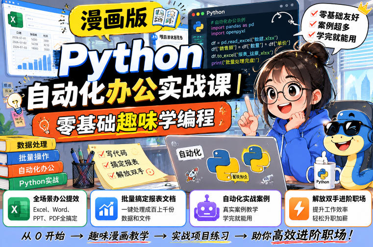 漫画版Python自动化办公实战课｜零基础趣味学编程，全场景办公提效、批量搞定报表文档、解放双手进阶职场|云雀资源分享