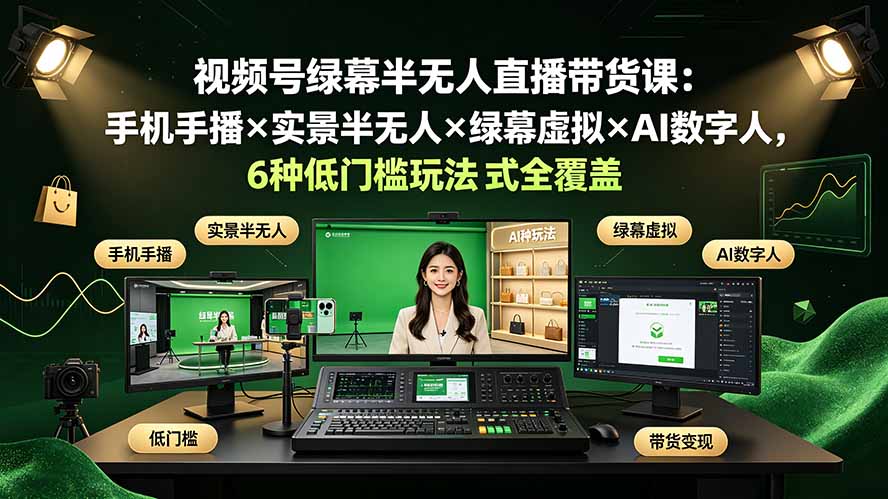 视频号绿幕半无人直播带货课:手机手播×实景半无人×绿幕虚拟×AI数字人,6种低门槛玩法全覆盖|云雀资源分享