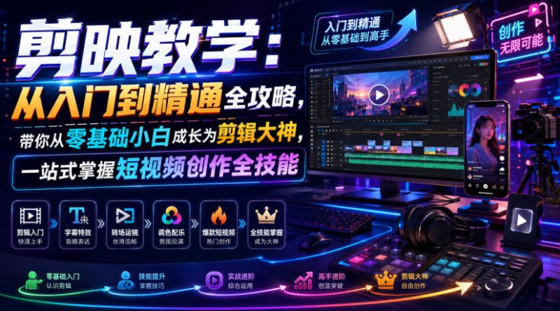 剪映教学：从入门到精通全攻略，带你从零基础小白成长为剪辑大神，一站式掌握短视频创作全技能|云雀资源分享