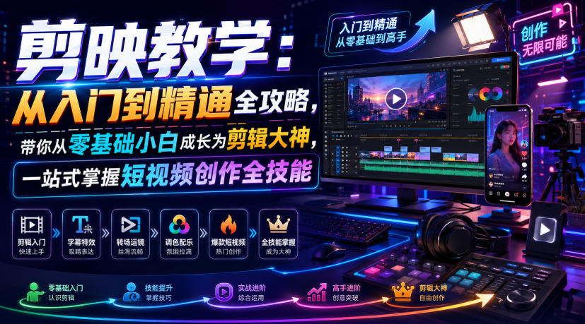 剪映教学：从入门到精通全攻略，带你从零基础小白成长为剪辑大神，一站式掌握短视频创作全技能|云雀资源分享