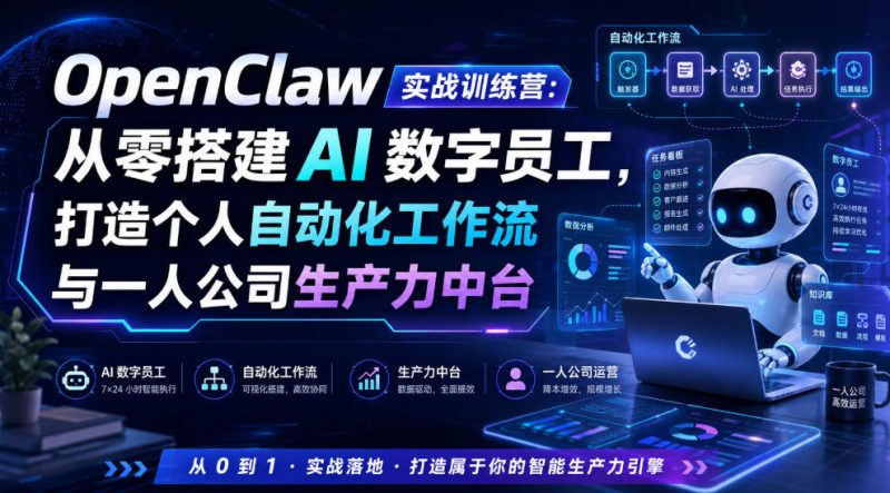 OpenClaw实战训练营:从零搭建AI数字员工,打造个人自动化工作流与一人公司生产力中台|云雀资源分享