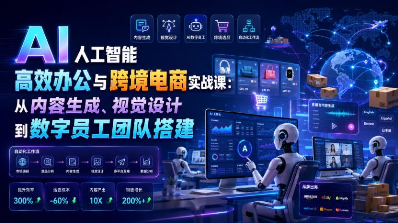 AI人工智能高效办公与跨境电商实战课:从内容生成、视觉设计到数字员工团队搭建|云雀资源分享