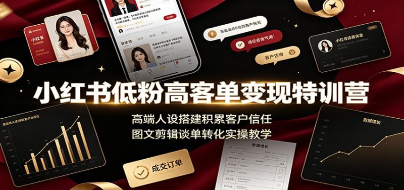 小红书低粉高客单变现特训营:高端人设搭建积累客户信任,图文剪辑谈单转化实操教学|云雀资源分享