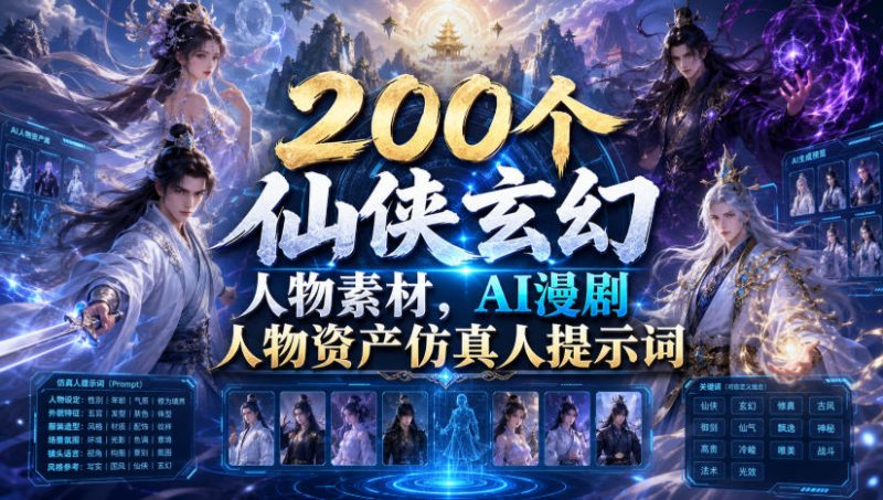 200个仙侠玄幻人物素材,AI漫剧人物资产仿真人提示词|云雀资源分享
