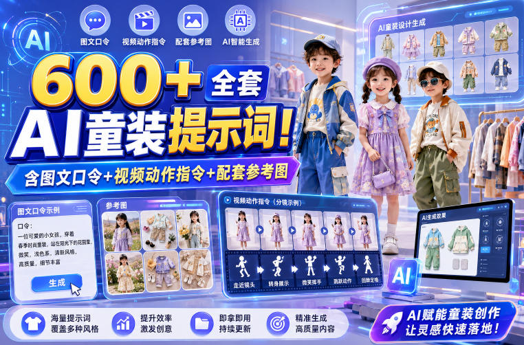 600+全套AI童装提示词!含图文口令+视频动作指令+配套参考图,Word-Excel规整分类,童装电商、种草无脑量产内容!|云雀资源分享