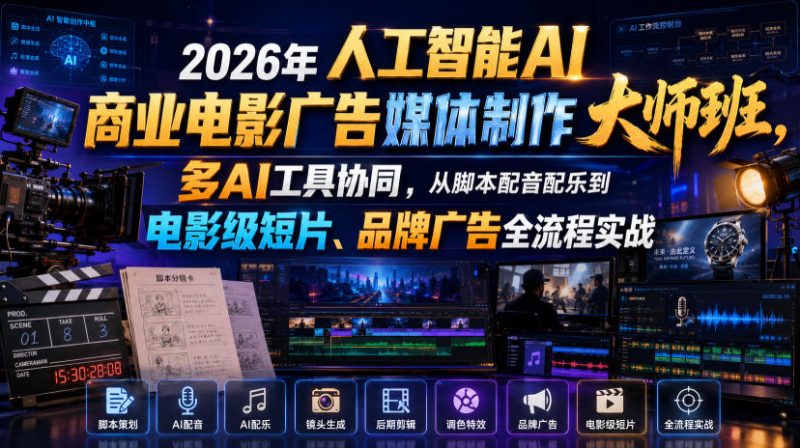2026年人工智能AI商业电影广告媒体制作大师班,多AI工具协同,从脚本配音配乐到电影级短片、品牌广告全流程实战(中英字幕)|云雀资源分享
