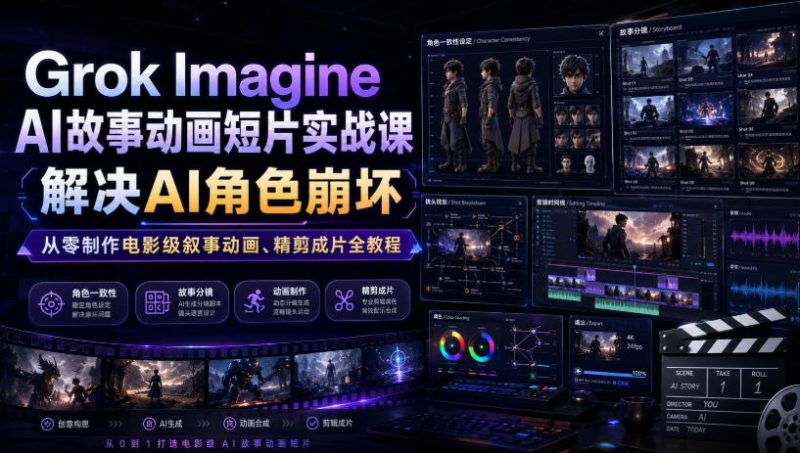 Grok Imagine AI故事动画短片实战课|解决AI角色崩坏,从零制作电影级叙事动画、精剪成片全教程(中英字幕)|云雀资源分享