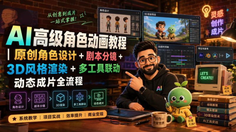 AI高级角色动画教程|原创角色设计+剧本分镜+3D风格渲染+多工具联动动态成片全流程【中英字幕】|云雀资源分享