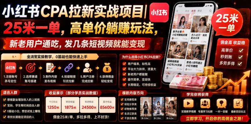 小红书CPA拉新实战项目|25米一单,高单价躺賺玩法,新老用户通吃,发几条短视频就能变现(更新0711)|云雀资源分享