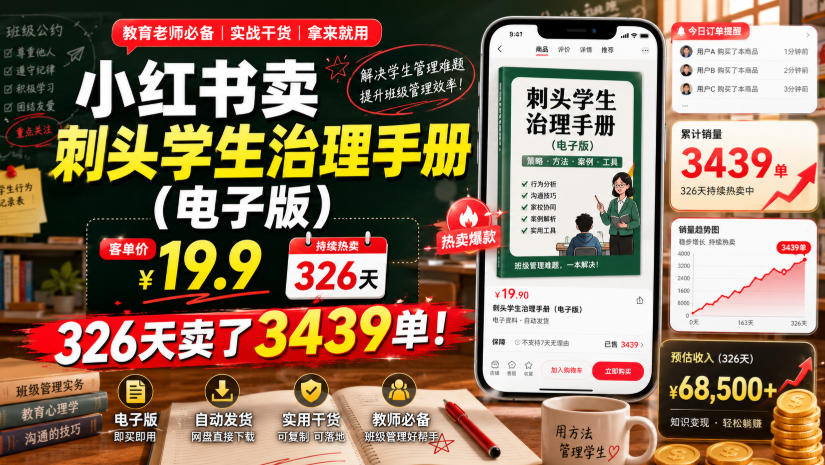 小红书卖刺头学生治理手册(电子版)，客单价19.9，326天卖了3439单！|云雀资源分享