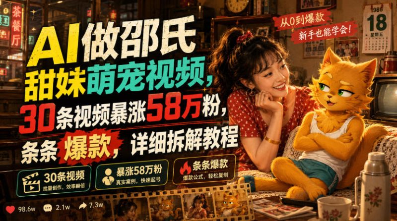 AI做邵氏甜妹萌宠视频,30条视频暴涨58万粉,条条爆款,详细拆解教程|云雀资源分享