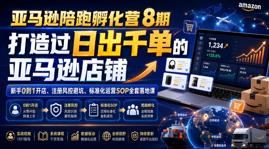 亚马逊陪跑孵化营8期，打造过日出千单的亚马逊店铺，新手0到1开店、注册风控避坑、标准化运营SOP全套落地课|云雀资源分享