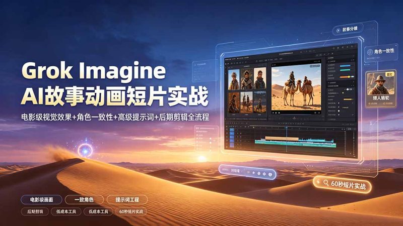 Grok Imagine AI故事动画短片实战:电影级视觉效果+角色一致性+高级提示词+后期剪辑全流程|云雀资源分享