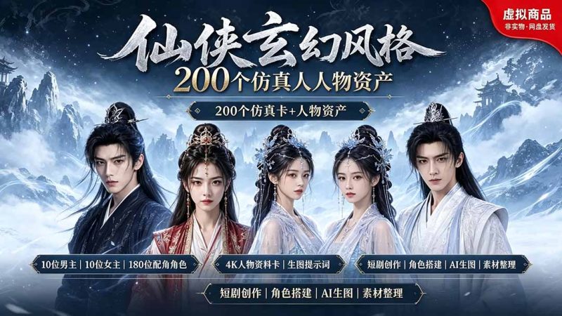 200个仙侠玄幻仿真人素材◆10男主×10女主×180配角,4K资料卡+AI生图提示词,漫剧必备|云雀资源分享