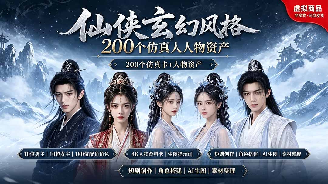 200个仙侠玄幻仿真人素材◆10男主×10女主×180配角，4K资料卡+AI生图提示词，漫剧必备|云雀资源分享