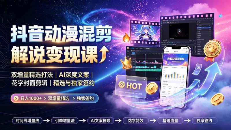 抖音动漫混剪解说变现课:双增量精选打法|AI深度文案|花字封面剪辑| 精选与独家签约日入1000+|云雀资源分享