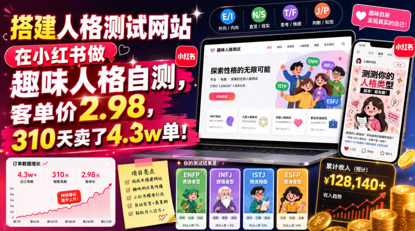 搭建人格测试网站在小红书做趣味人格自测，客单价2.98，310天卖了4.3w单！|云雀资源分享