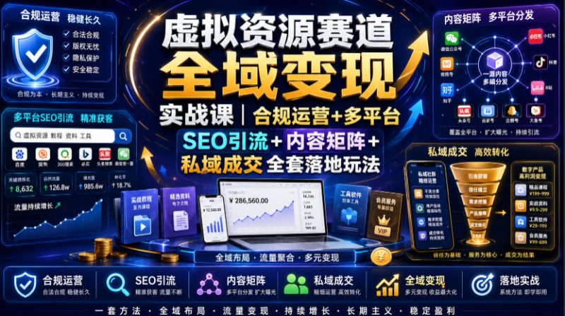 虚拟资源赛道全域变现实战课|合规运营+多平台SEO引流+内容矩阵+私域成交全套落地玩法|云雀资源分享