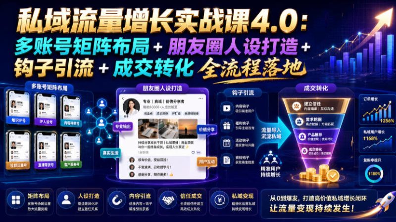 私域流量增长实战课4.0：多账号矩阵布局+朋友圈人设打造+钩子引流+成交转化全流程落地|云雀资源分享