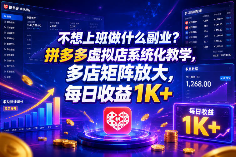 不想上班做什么副业？拼多多虚拟店系统化教学，多店矩阵放大，每日收益1K+【揭秘】
