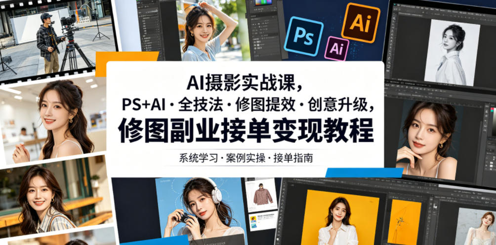 AI摄影实战课，PS+AI・全技法・修图提效・创意升级，修图副业接单变现教程