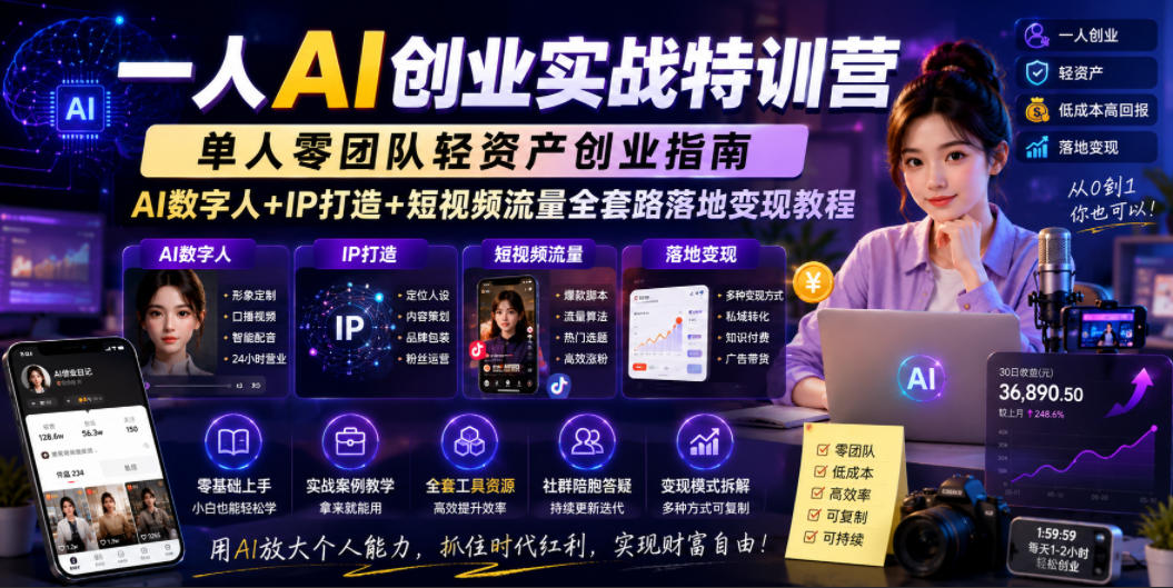 一人AI创业实战特训营，单人零团队轻资产创业指南，AI数字人+IP打造+短视频流量全套路落地变现教程