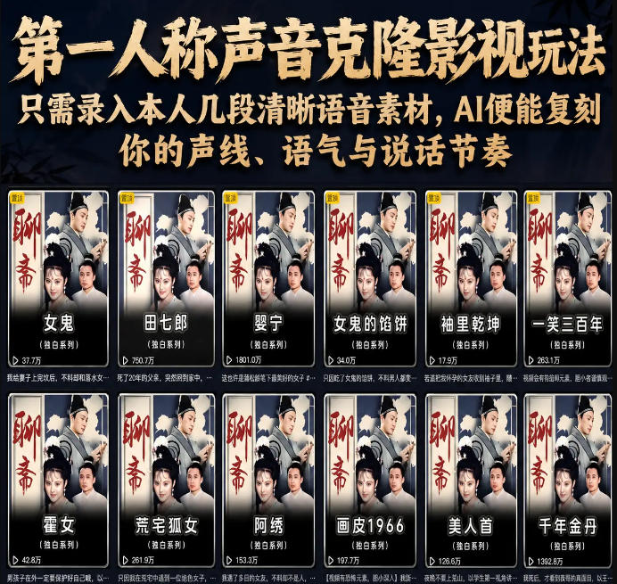 第一人称声音克隆影视玩法，只需录入本人几段清晰语音素材，AI便能复刻你的声线、语气与说话节奏