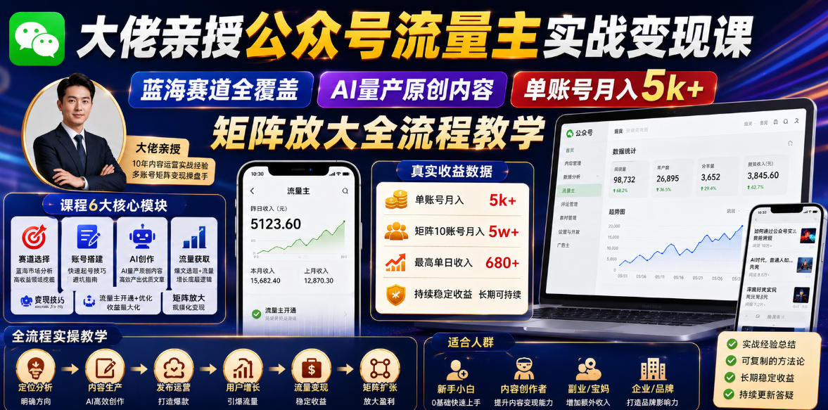 大佬亲授公众号流量主实战变现课，蓝海赛道全覆盖，AI量产原创内容，单账号月入5k+矩阵放大全流程教学