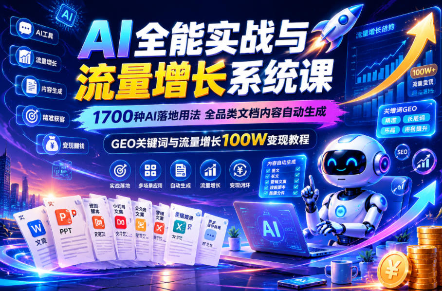 AI全能实战与流量增长系统课，1700种AI落地用法，全品类文档内容自动生成，GEO关键词与流量增长100W变现教程