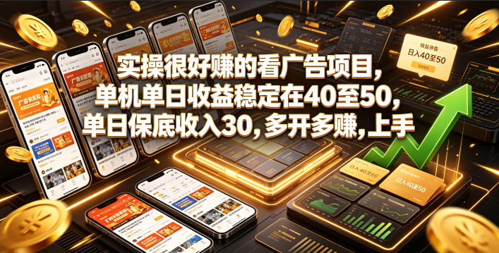 实操很好賺的看广告项目，单机单日收益稳定在40至50，单日保底收入30，多开多賺，上手就能变现【揭秘】