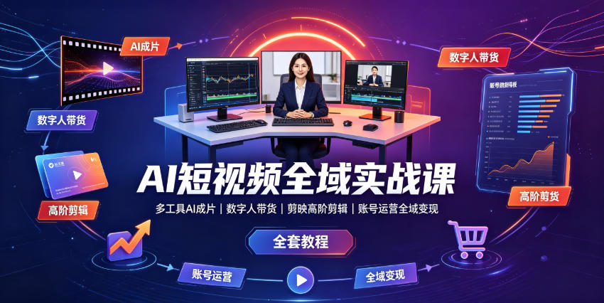 AI短视频全域实战课｜多工具AI成片、数字人带货、剪映高阶剪辑、账号运营全域变现全套教程