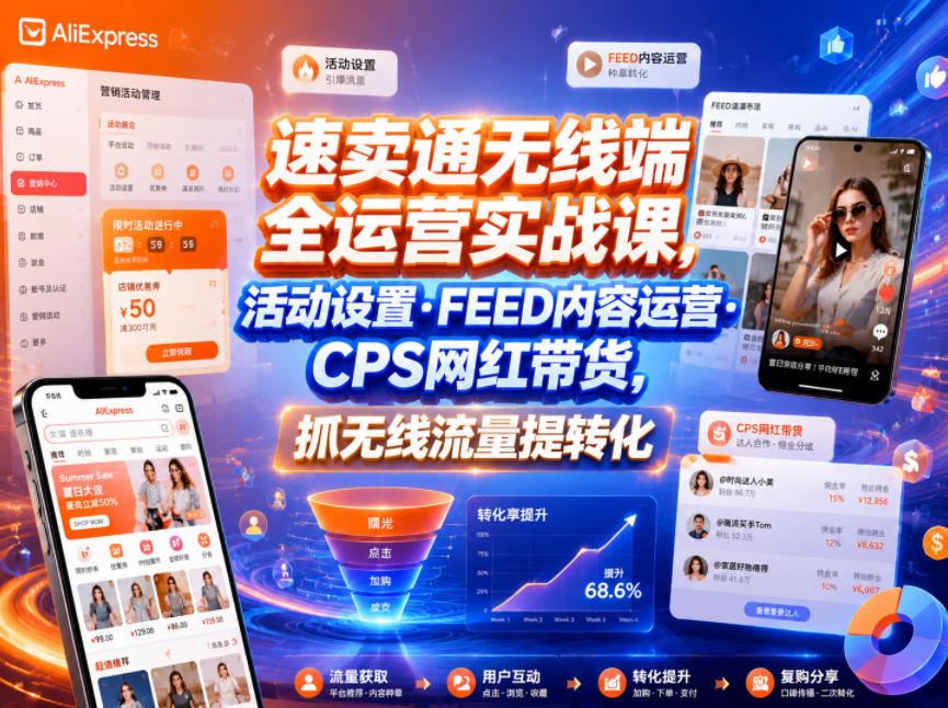 速卖通无线端全运营实战课，活动设置・FEED内容运营・CPS网红带货，抓无线流量提转化