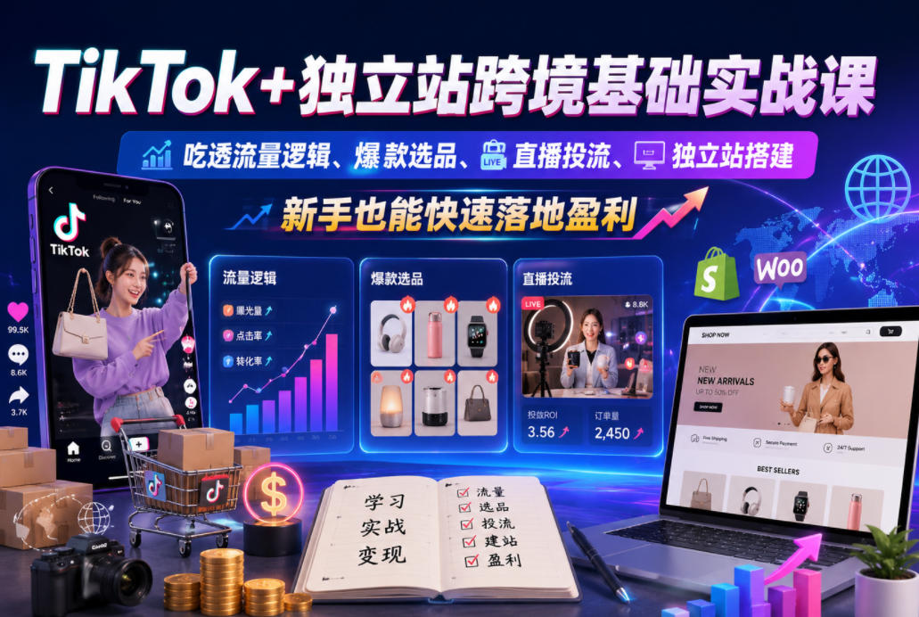TikTok+独立站跨境基础实战课，吃透流量逻辑、爆款选品、直播投流与独立站搭建，新手也能快速落地盈利