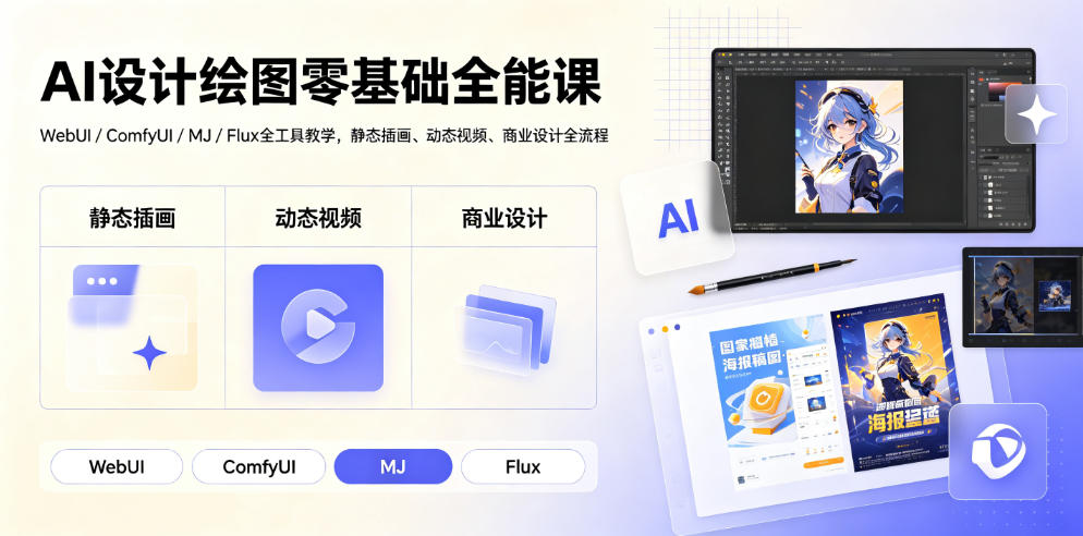 AI设计绘图零基础全能课｜WebUI/ComfyUI/MJ/Flux全工具教学，静态插画、动态视频、商业设计全流程