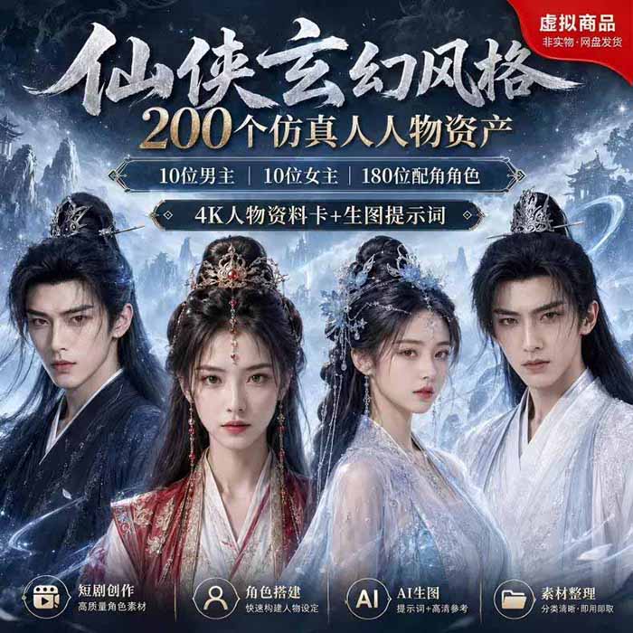 图片[1]|200个仙侠玄幻仿真人素材◆10男主×10女主×180配角，4K资料卡+AI生图提示词，漫剧必备|云雀资源分享