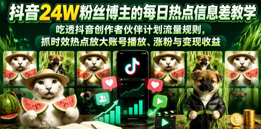 抖音24W粉丝博主的每日热点信息差教学，吃透创作者伙伴计划流量规则，抓时效热点放大账号播放、涨粉与变现收益
