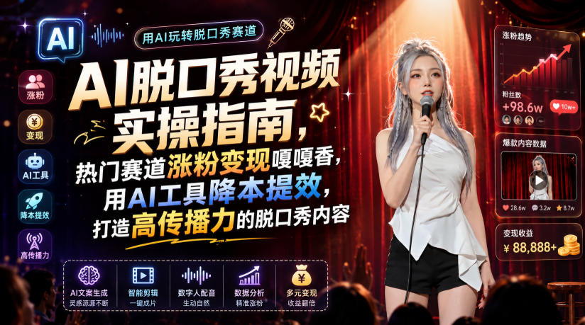 AI脱口秀视频实操指南，热门赛道涨粉变现嘎嘎香，用AI工具降本提效，打造高传播力的脱口秀内容