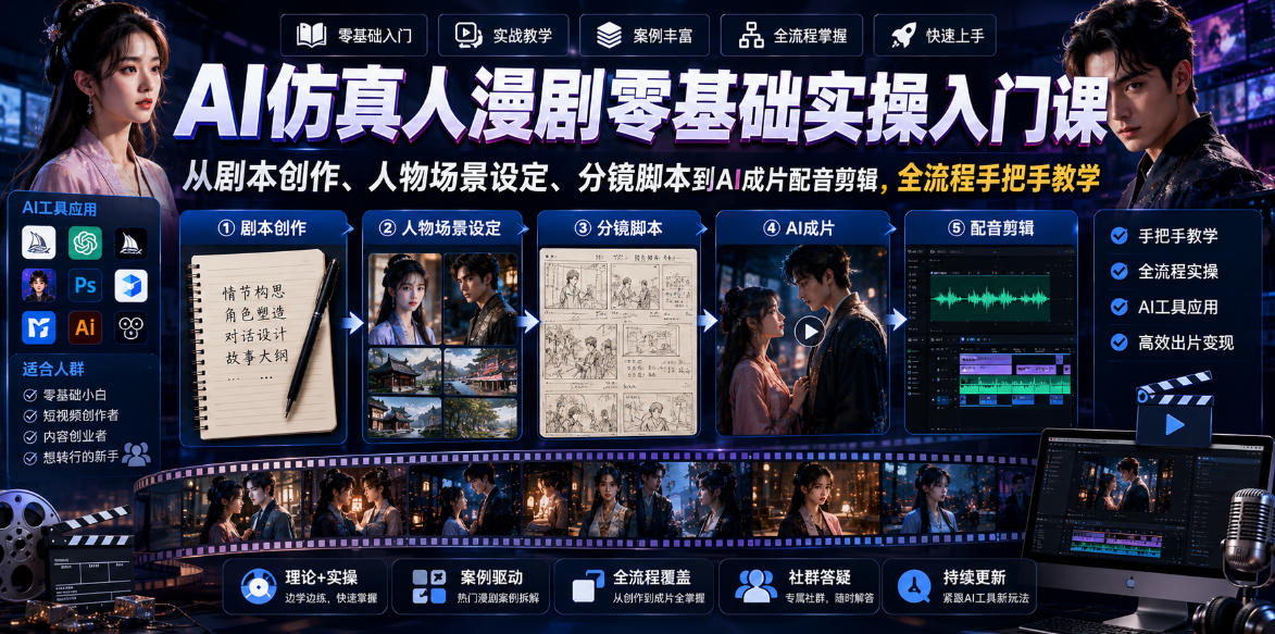 AI仿真人漫剧零基础实操入门课，从剧本创作、人物场景设定、分镜脚本到AI成片配音剪辑，全流程手把手教学