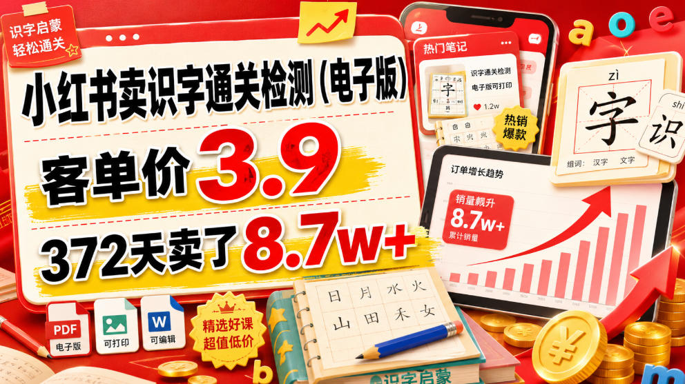 小红书卖识字通关检测（电子版），客单价3.9，372天卖了8.7w+