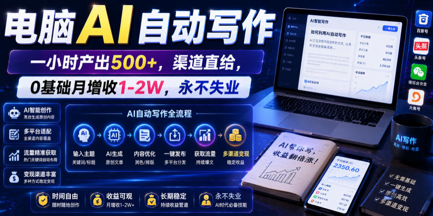 电脑AI自动写作，一小时产出500+，渠道直给，0基础月增收1-2W，永不失业【揭秘】